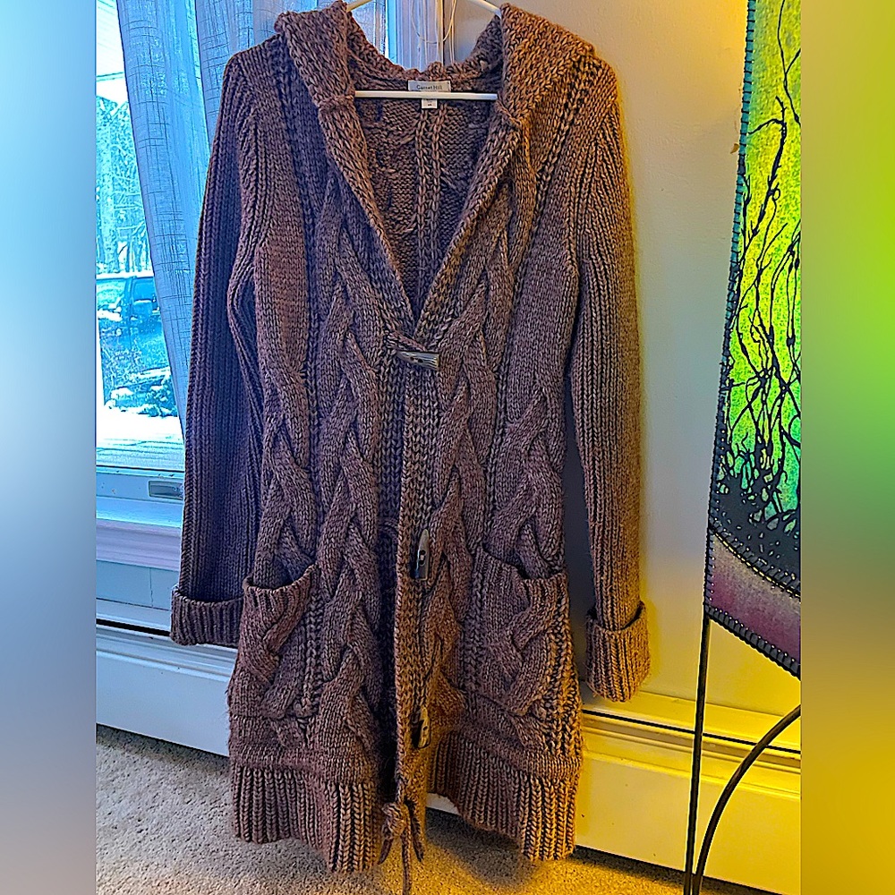 Garnet Hill Long Cable Knit Cardigan with Hood